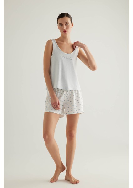 Kadın Pamuklu Kalın Askılı Şortlu Pijama Takımı