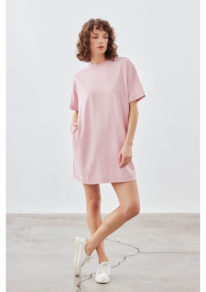 Kadın Pamuklu Yıkamalı Kısa Kollu Cep Detaylı Elbise