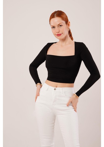 Kadın Kare Yaka Basic Siyah Bluz