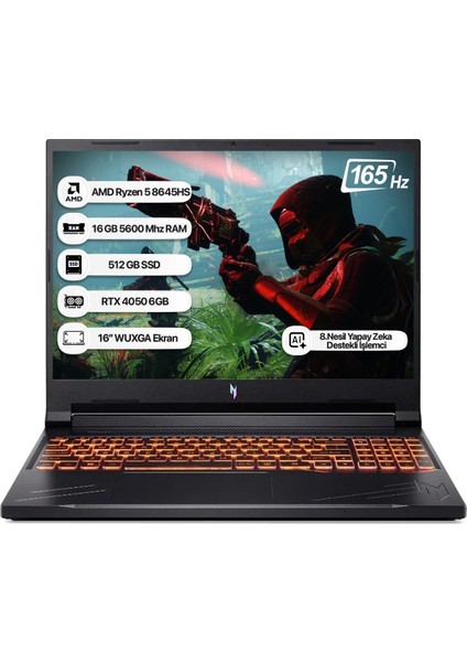 Nitro V16 NH.QRVEY.004-16 Ryzen 5 8645HS 16 AI TOPS 16GB 512GB SSD RTX4050-6GB Dos 165Hz 16'' Wuxga Taşınabilir Bilgisayar