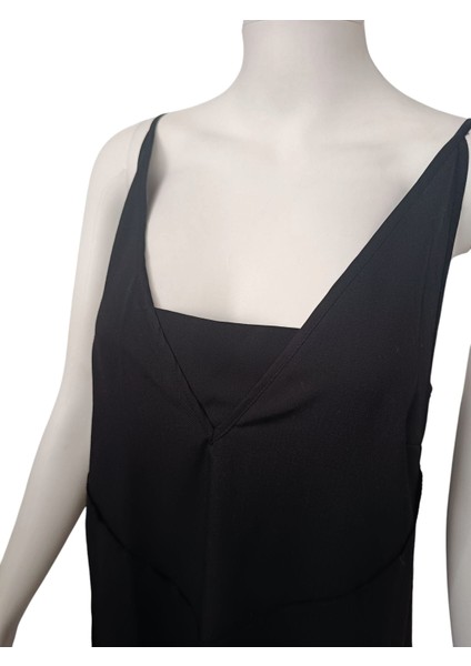 Siyah Keten Ayarlanabilir Askılı, Sırtı Açık Midi Boy Elbise, Siyah Elbise