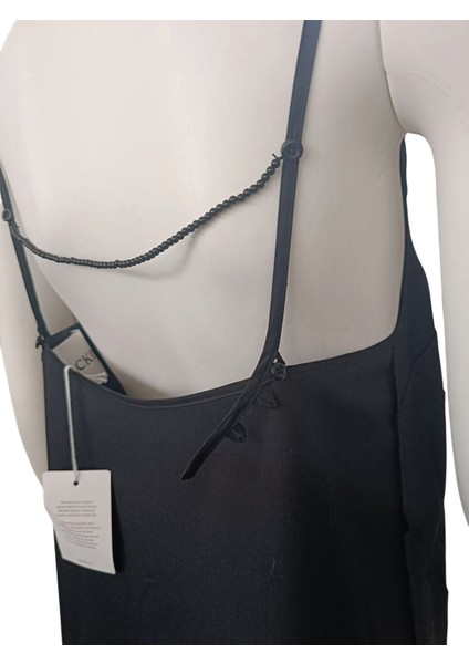 Siyah Keten Ayarlanabilir Askılı, Sırtı Açık Midi Boy Elbise, Siyah Elbise modelleri