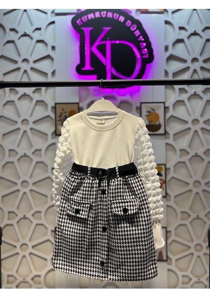 Kız Çocuk Kaz Ayağı Desenli Etek ve Bluz Alt Üst Takım