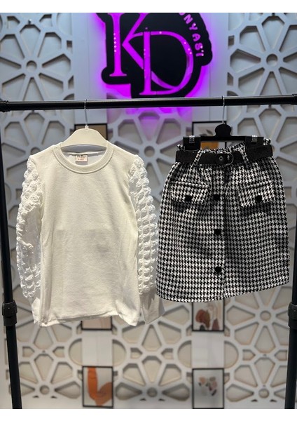 Kız Çocuk Kaz Ayağı Desenli Etek ve Bluz Alt Üst Takım fiyatları