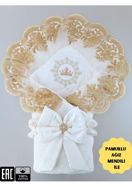 Saray Atlas Taçlı Lüks Kız / Erkek Bebek Unisex Kundak Battaniyesi Ekru