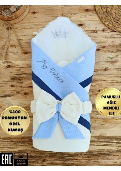 Mavi Erkek Bebek Battaniyesi Pamuktan Doğal Organik Uyku Kundağı Yenidoğan Hediyelik