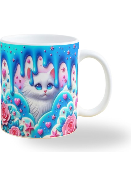 DeepCraft Best Quality 3D Görünümlü Mavi Kedi Kupa 300 ml