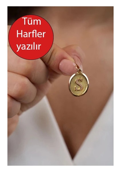 14 Ayar Altın Nostaljik Oval S Harf Kolye Ucu