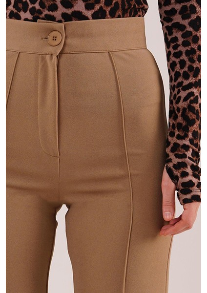 Kadın Ön Dikiş Detaylı Tek Düğme Camel Pantolon
