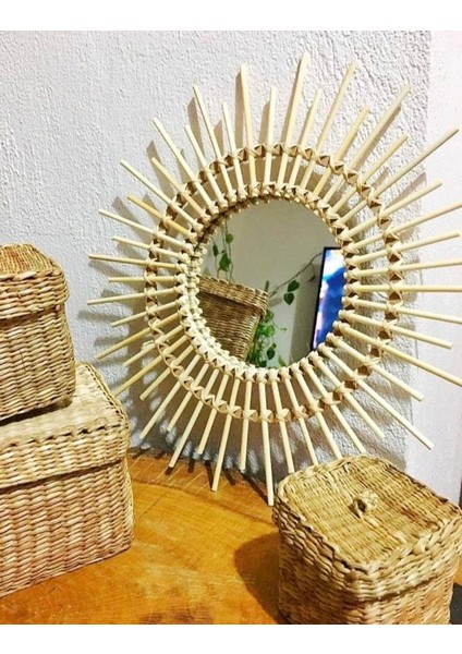 Çiçek Bambu Ayna 35 cm Duvar Aynası Konsol Aynası Dekoratif Ayna Çocuk Odası