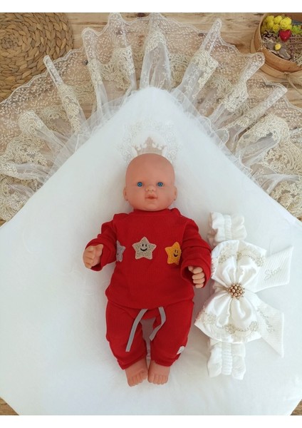 Sahra Stars Taçlı Erkek / Kız Bebek Unisex Kundak Ekru