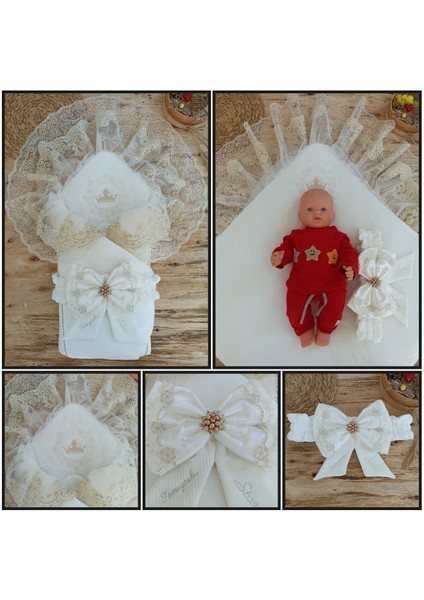 Sahra Stars Taçlı Erkek / Kız Bebek Unisex Kundak Ekru