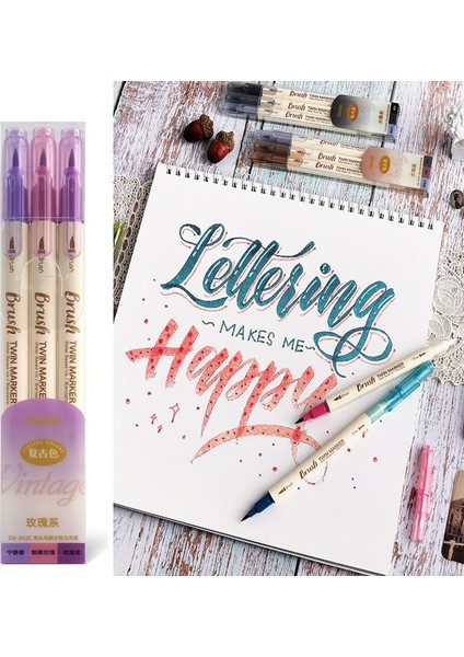 Gri Set Stili 3 Adet Retro Renk Kaligrafi Fırçası Kalem Seti Dıy Scrapbooking El Sanatları Yumuşak Ucu Çift Taraflı Ince Liner Sanat Yazı Çizim Işaretleyiciler (Yurt Dışından) indirimleri
