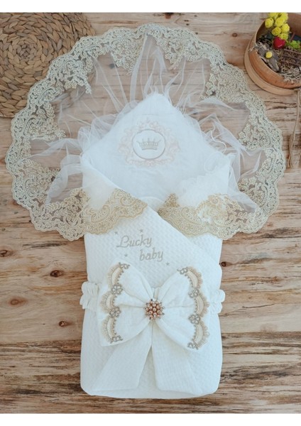 Bebek Dış Kundak Battaniyesi Lucky Baby Ecru Bebek Kundağı Unisexhastane Çıkışı Kundak Battaniye