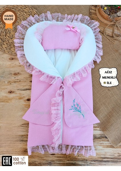 Kız Bebek Battaniyesi & Kundağı Dantelli Pembe /yastıklı Fermuarlı Hediyelik Hastane Çıkışı