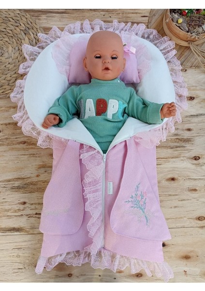 Kız Bebek Battaniyesi & Kundağı Dantelli Pembe /yastıklı Fermuarlı Hediyelik Hastane Çıkışı modelleri