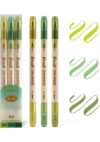 Yeşil Set Stili 3 Adet Retro Renk Ikiz Marker Kalem Seti Fırça Çizim Ince Astar Su Bazlı Mürekkep Bükülebilir Suluboya Sanat Resim Okulu A6133 (Yurt Dışından)