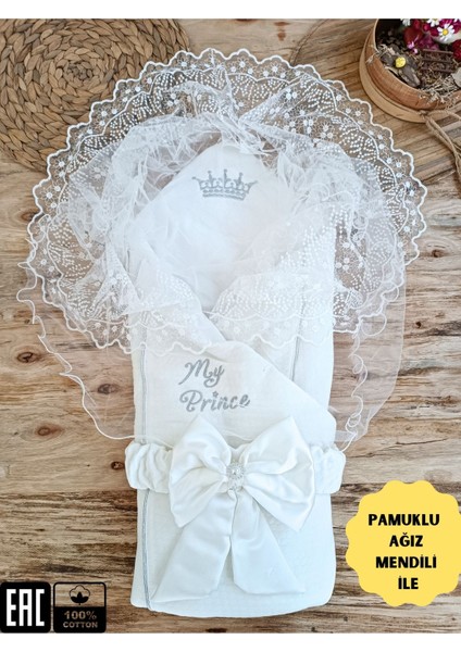 Ekru Erkek Bebek Battaniyesi Dantelli Kundak Hastane Çıkışı Yenidoğan Doğal Pamuktan Hediyelik