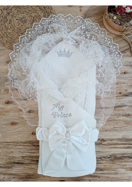 Ekru Erkek Bebek Battaniyesi Dantelli Kundak Hastane Çıkışı Yenidoğan Doğal Pamuktan Hediyelik