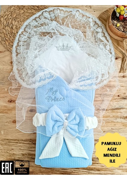 Mavi Erkek Bebek Battaniyesi Dantelli Kundak Hastane Çıkışı Yenidoğan Doğal Pamuktan Hediyelik