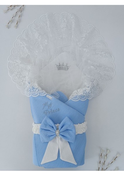 Mavi Erkek Bebek Battaniyesi Dantelli Kundak Hastane Çıkışı Yenidoğan Doğal Pamuktan Hediyelik fırsatları