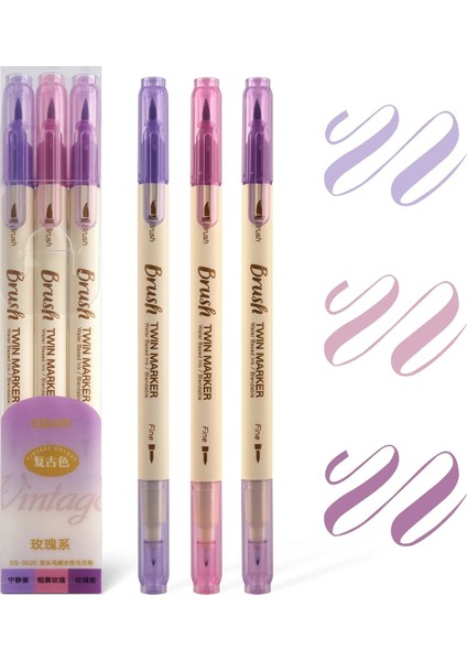 Mor Set Stili 3 Adet Retro Renk Ikiz Marker Kalem Seti Fırça Çizim Ince Astar Su Bazlı Mürekkep Bükülebilir Suluboya Sanat Resim Okulu A6133 (Yurt Dışından)