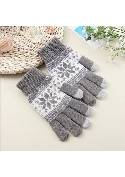 Açık Gri Stil Tek Boyut Kış Sıcak Eldiven Erkek Kadın Yün Örme Eldiven Şeker Renk Kar Tanesi Eldivenler Cep Telefonu Tablet Pad Için (Yurt Dışından)