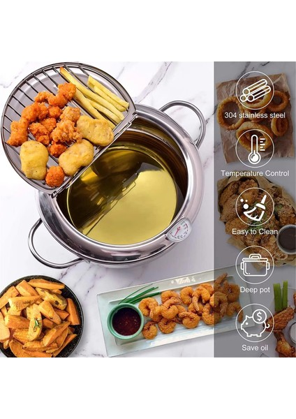 304 Paslanmaz Çelik Mutfak Tempura Kızartma Tavası Termometre ve Kapaklı Japon Derin Kızartma Tenceresi (Yurt Dışından) fiyatları