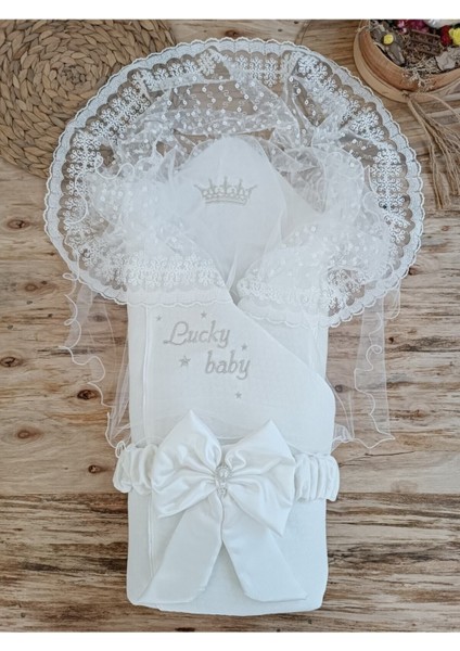 Dantelli Özel Taçlı Bebek Kundağı Unisex Bebek Dış Kundak Battaniyesi Hastane Çıkışı Hediyelik