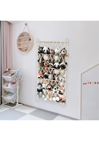 Duvara Asılan Düzenleyici Peluş Hayvan Oyuncak Ağı Hamak Kreş Peluş Oyuncak Depolama Boho Makrome, Beyaz (Yurt Dışından)