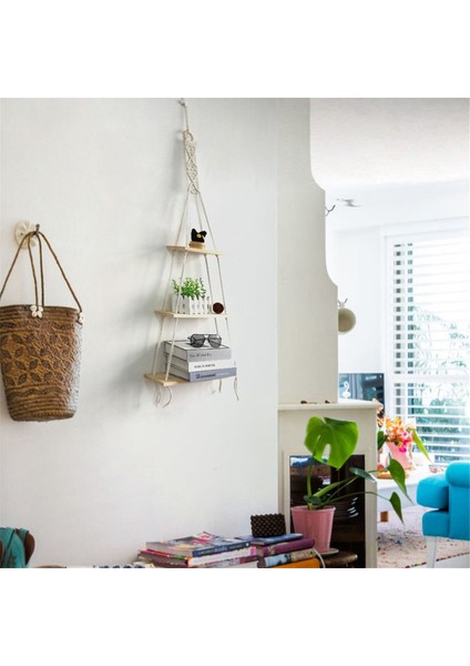 Makrome Duvar Askılı Raf 3 Katlı Ahşap Yüzen Raflar Dokuma Halatlı Boho Oda Dekoru Banyo, Yatak Odası, Oturma Odası Için (Yurt Dışından)