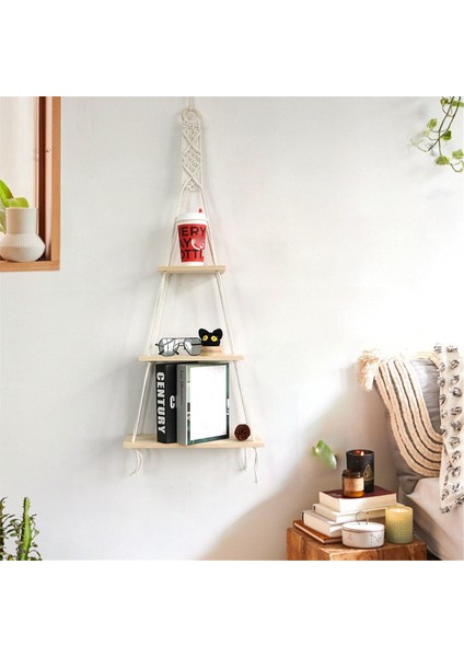 Makrome Duvar Askılı Raf 3 Katlı Ahşap Yüzen Raflar Dokuma Halatlı Boho Oda Dekoru Banyo, Yatak Odası, Oturma Odası Için (Yurt Dışından)