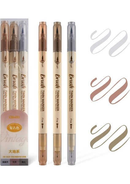 Gri Set Stili 3 Adet Retro Renk Ikiz Marker Kalem Seti Fırça Çizim Ince Astar Su Bazlı Mürekkep Bükülebilir Suluboya Sanat Resim Okulu A6133 (Yurt Dışından)