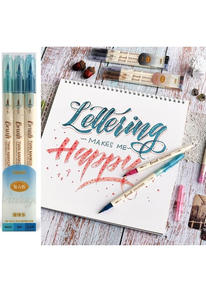 Gri Set Stili 3 Adet Retro Renk Ikiz Marker Kalem Seti Fırça Çizim Ince Astar Su Bazlı Mürekkep Bükülebilir Suluboya Sanat Resim Okulu A6133 (Yurt Dışından)