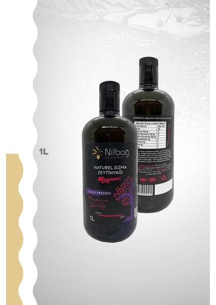 Nilbağ Biolio Ayvalık Naturel Sızma Zeytinyağı Meyvemsi 1 Lt – Soğuk Sıkım Erken Hasat