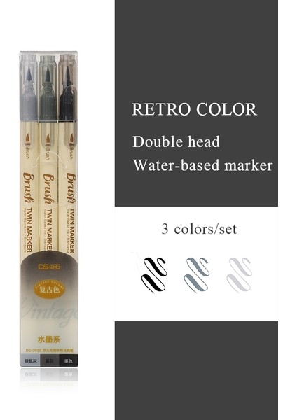 DS-302E-SIYAH Stil Et Retro Çift Başlı Fırça Kalem Yaratıcı Sanat Marker Kalem Çizim Boyama Suluboya Kırtasiye Sevimli Okul Malzemeleri (Yurt Dışından)