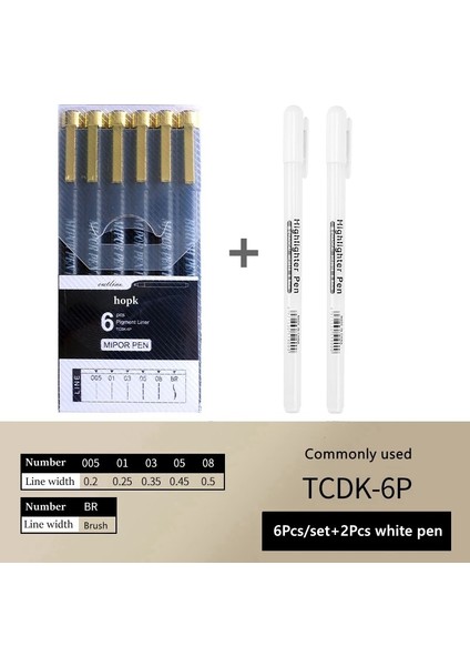 8 Adet Set A-2 Stili Pigment Liner Mikron Mürekkep Sanat Marker Kalem Kaligrafi Fırçası Kalemler Siyah Fineliner Eskiz Manga Çizim El Yazısı Beyaz Kalem (Yurt Dışından)