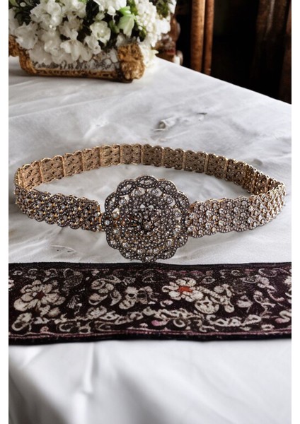 Zirkon Taş Işlemeli Vintage Osmanlı Stili Nişan Kına Düğün Gelin Kemeri 100 cm
