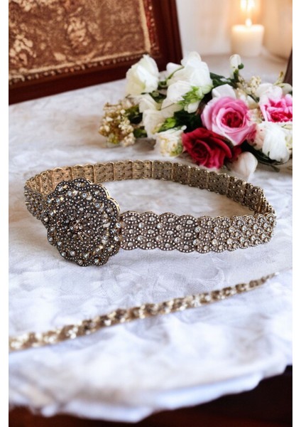 Zirkon Taş Işlemeli Vintage Osmanlı Stili Nişan Kına Düğün Gelin Kemeri 100 cm modelleri