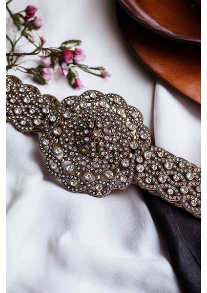 Zirkon Taş Işlemeli Vintage Osmanlı Stili Nişan Kına Düğün Gelin Kemeri 100 cm fırsatları