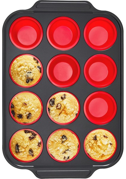 Metal Çerçeveli Silikon Muffin Kalıbı, Pişirme Için Yumurta Isırığı Yapıcı Silikon Kalıplar, Kek Kalıbı 12 Normal Boy Kırmızı (Yurt Dışından)