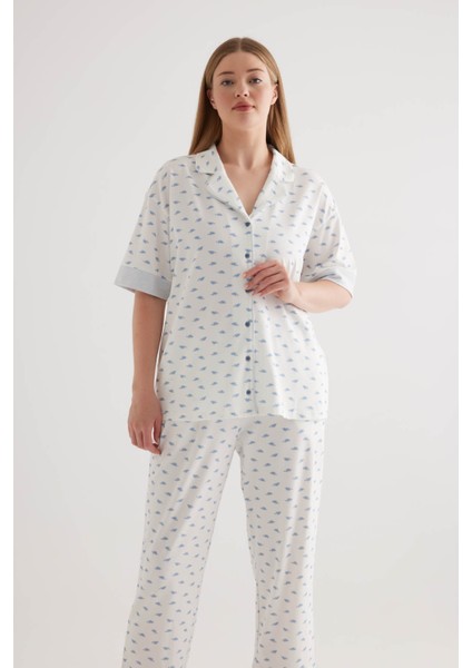 Kadın Plus Size Pamuklu Gömlek Yaka Pijama Üstü