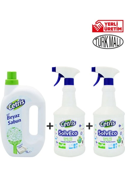 Sıvı Beyaz Sabun 1 lt & Cetris Solveco 2'li Yüksek Performanslı Leke Sökücü ve Yüzey Temizleyici Set