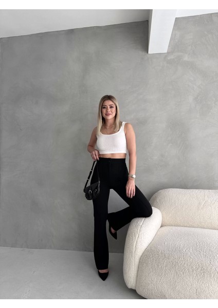 Kadın Siyah Büyük Beden Krep Kumaş Likralı Ön Çimalı Ispanyol Paça Pantolon indirimleri