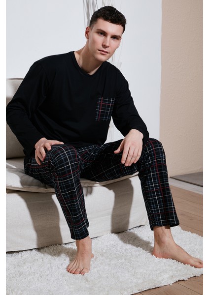 Ekoseli Cepli Beli Lastikli % 100 Pamuk Regular Fit Pijama Takımı Erkek Pijama Takımı 6572001
