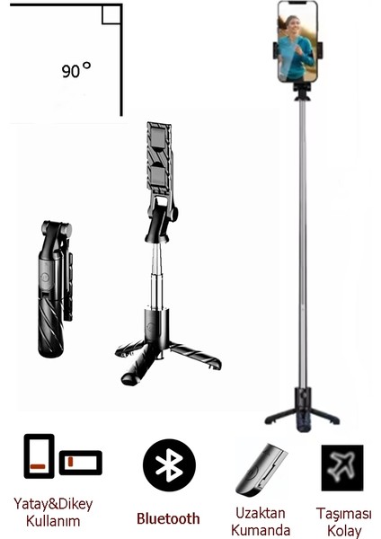 K03 Kablosuz Kumandalı Telefon Selfie Çubuğu Monopod Ayaklı Tripod Bluetooth 90° Açılı Devrilmez Tasarım