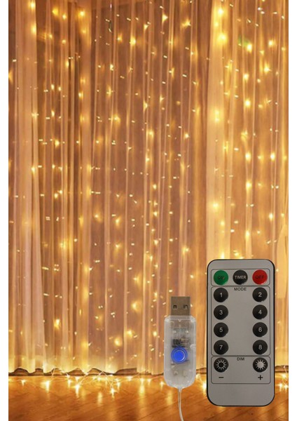 5 Volt 3x3 Metre Perde LED Işık 300 Ledli 8 Fonksiyonlu Dekoratif LED Işık Yılbaşı Süsü
