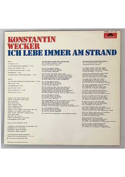 Konstantin Wecker Ich Lebe Immer Am Strand Lp Plak (Orjinal 1974 Alman Baskı)