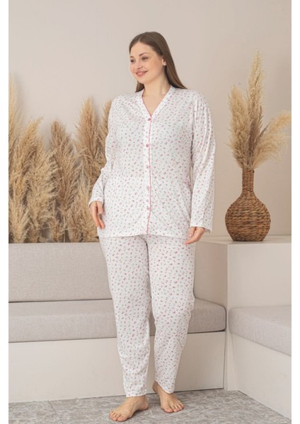 X-Dreamy Büyük Beden Pamuklu Çiçekli Önden Düğmeli Pijama Takımı