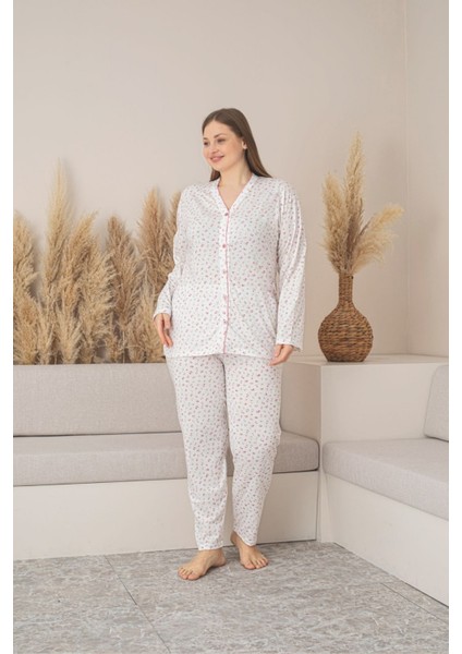 X-Dreamy Büyük Beden Pamuklu Çiçekli Önden Düğmeli Pijama Takımı modelleri